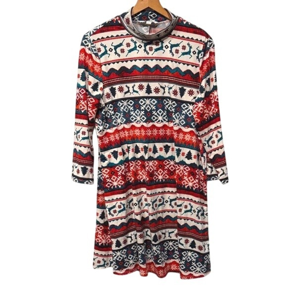 Celebrate Together Women's Christmas Reindeer Snowflake Long‎ Sleeve Dress LG